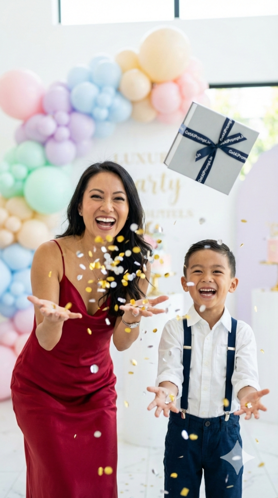 Confetti Celebration Explosion Portrait Mother Son Birthday AI Prompt