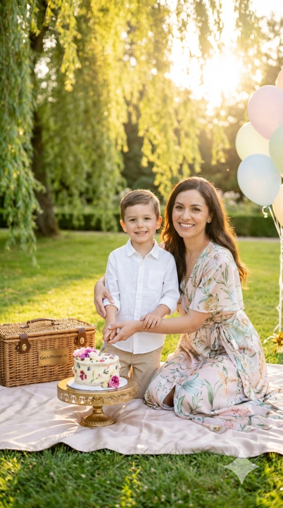 Elegant Outdoor Garden Birthday Picnic Mom and Son AI Prompt