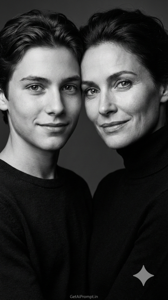 Luxury Black and White Emotional Birthday Portrait Mother and Son AI Prompt