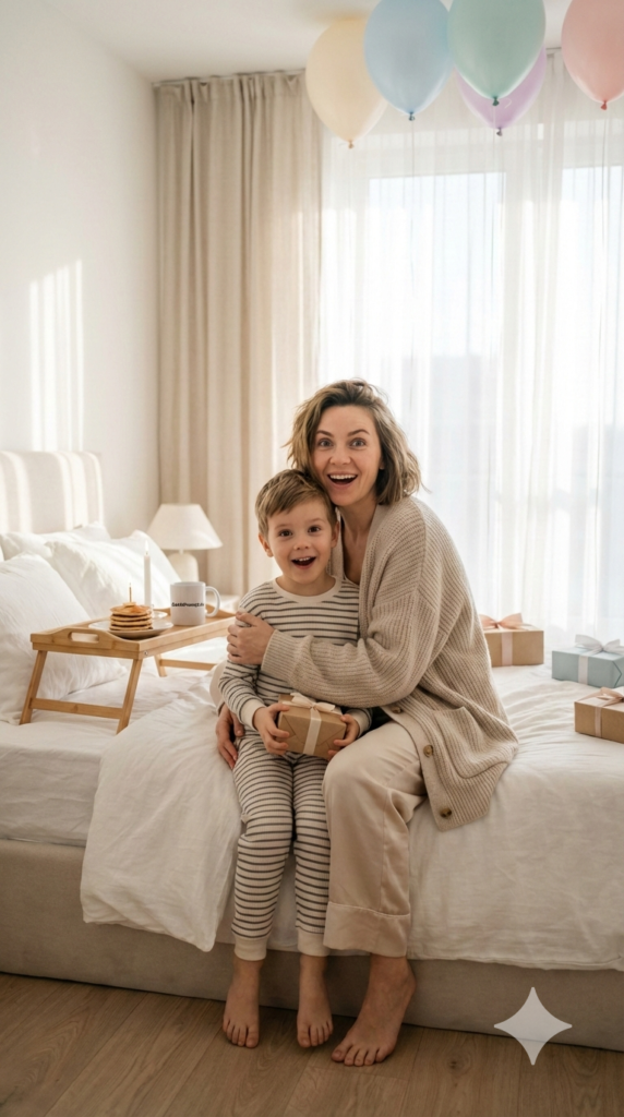 Morning Birthday Surprise Lifestyle Session Mom and Son AI Prompt