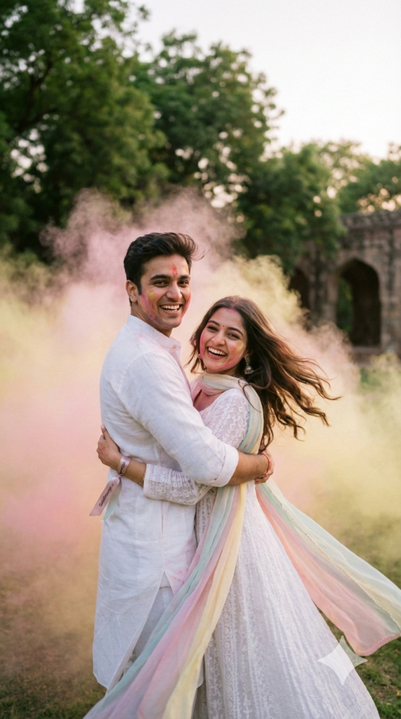 Back Hug Spin with Color Cloud Ultimate Oxytocin Release Romantic Couple Holi AI Portrait