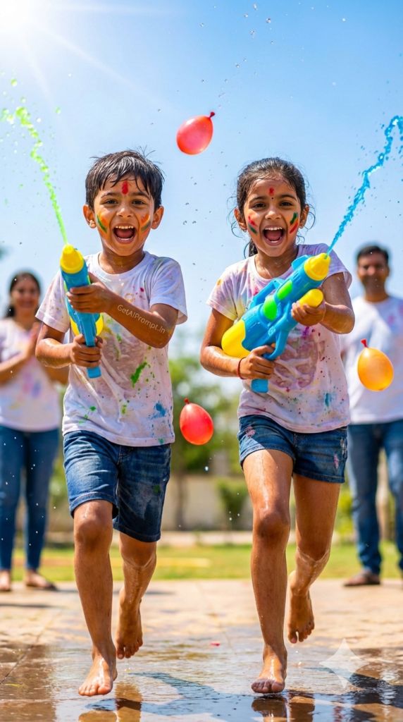 Kids Running with Pichkari High Energy Dopamine Rush Joyful Holi Action Photography