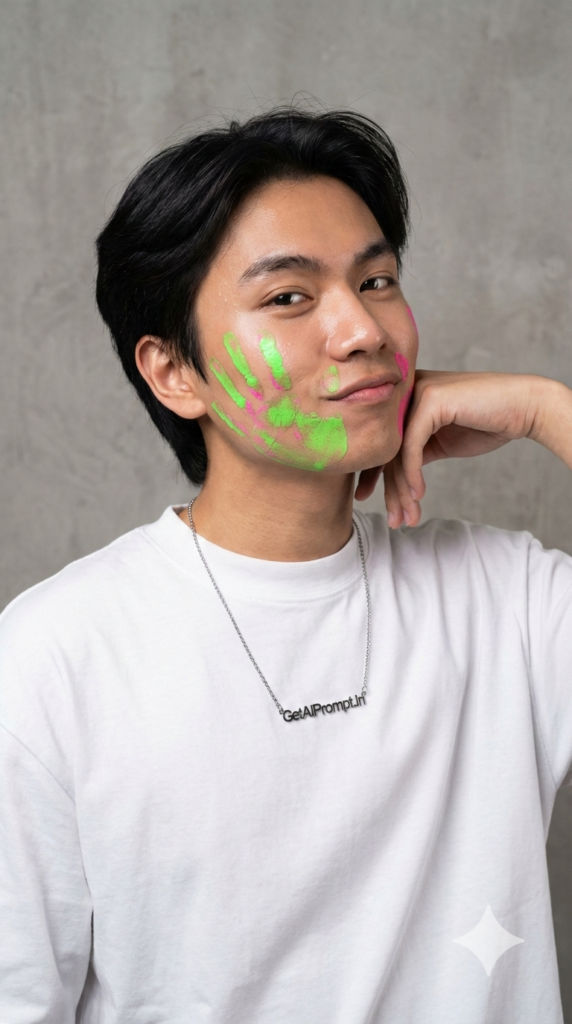 Color Handprint on Face Modern Instagram Trendsetter Aesthetic Holi Portrait AI