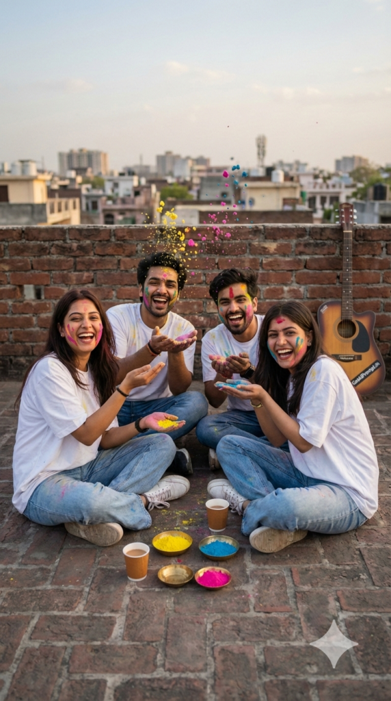 Sitting Cross Legged with Friends Nostalgic Serotonin Boost Viral Youth Holi Photography AI