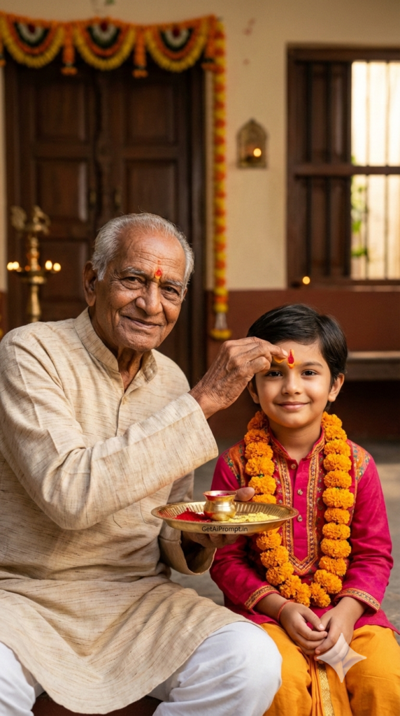 Grandparents Blessing Tilak Cultural Heritage Anchor Traditional Indian Family Holi AI