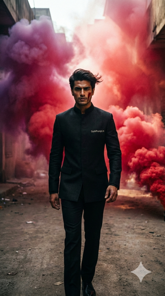 Dramatic Color Smoke Walk Cinematic Hero Entry High Fashion Editorial Holi Photography AI