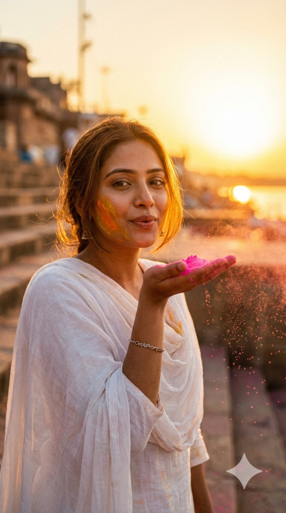 Gulal Blow Toward Sun Golden Glow Spiritual Aesthetic Holi AI