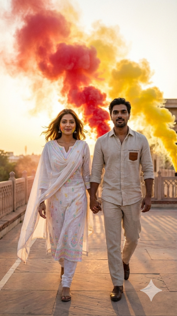 Couple Walking Hand in Hand Cinematic Love Story Holi Smoke AI