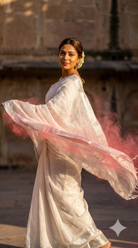 Elegant Saree Twirl with Color Trail Cultural Elegance Holi AI Image