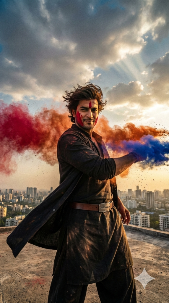 Heroic Wind Pose Cinematic Main Character Epic Holi Portrait AI