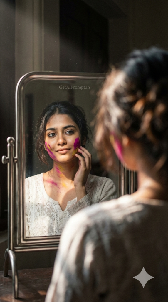 Mirror Reflection with Color Stains Artistic Aesthetic Holi AI Portrait