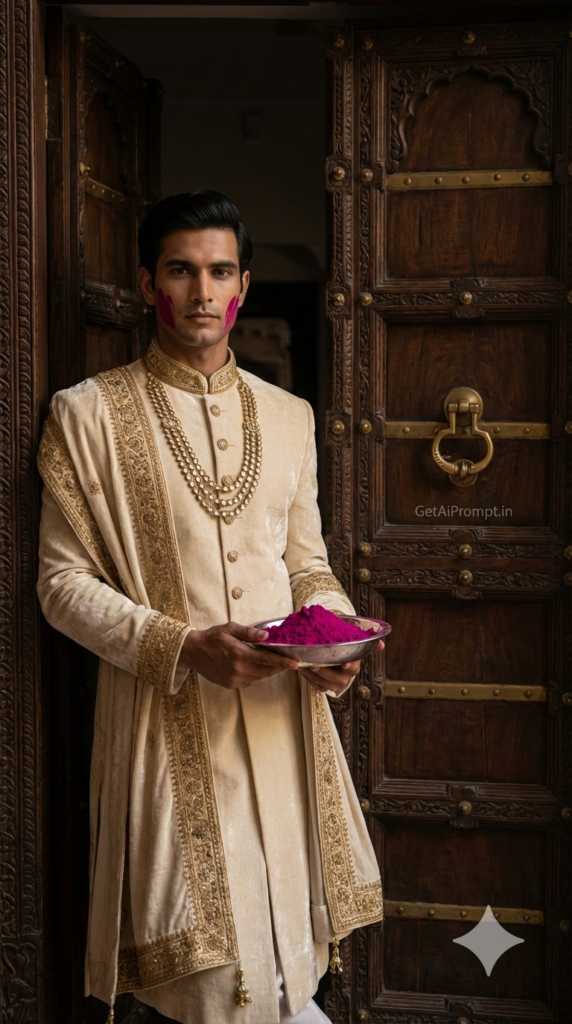 Luxury Royal Standing Haveli Door Elite Status Signal Holi AI Portrait
