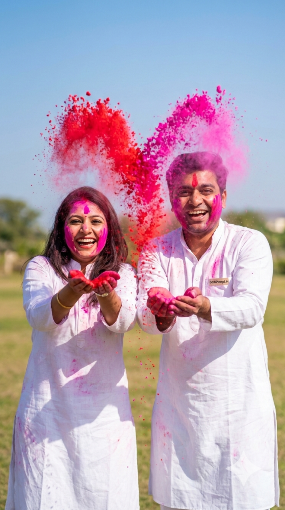 Couple Color Heart Shape in Air Viral Dopamine Romance Holi AI Portrait