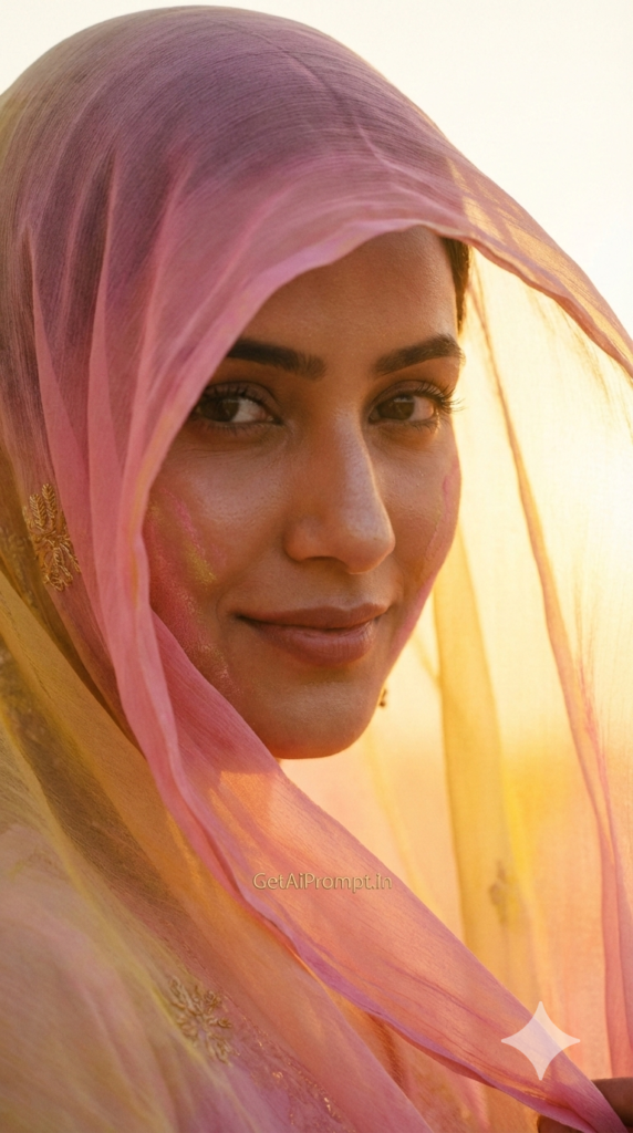 Slow Motion Dupatta Cover Reveal Ethereal Feminine Mystery Holi AI