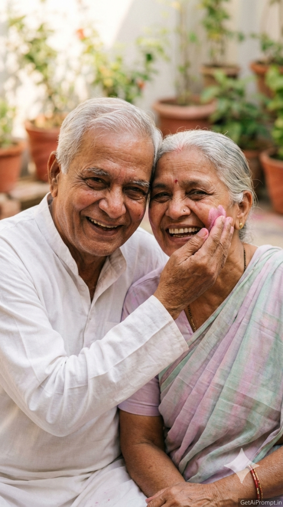 Elderly Couple Laughing Oxytocin Storyteller Emotional Holi Family AI Portrait