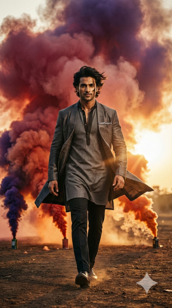 Slow Motion Walk Through Color Smoke Bombs Cinematic Hero Holi AI