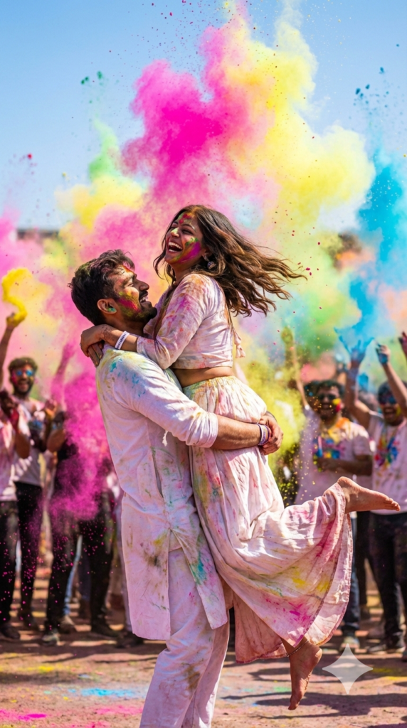 Couple Lift with Dynamic Color Burst High Energy Holi Romance AI