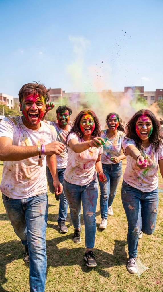 College Gang Running Toward Camera Action Rush Youth Festival Holi AI