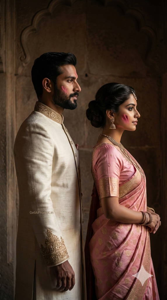 Royal Couple Side Profile Against Palace Wall Luxury Heritage Holi AI Portrait