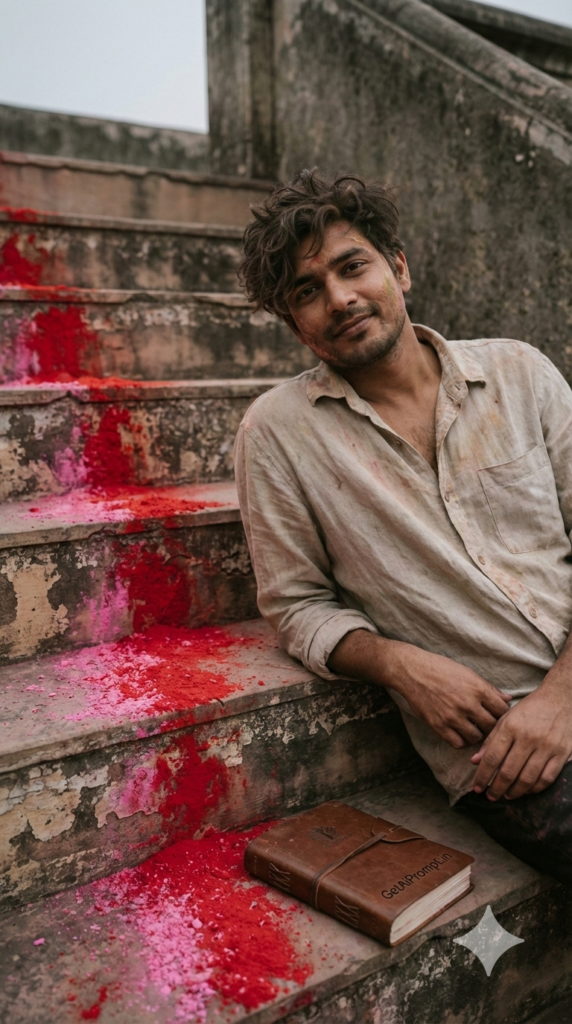 Solo Sitting on Steps with Color Trail Introspective Moody Holi Aesthetic AI