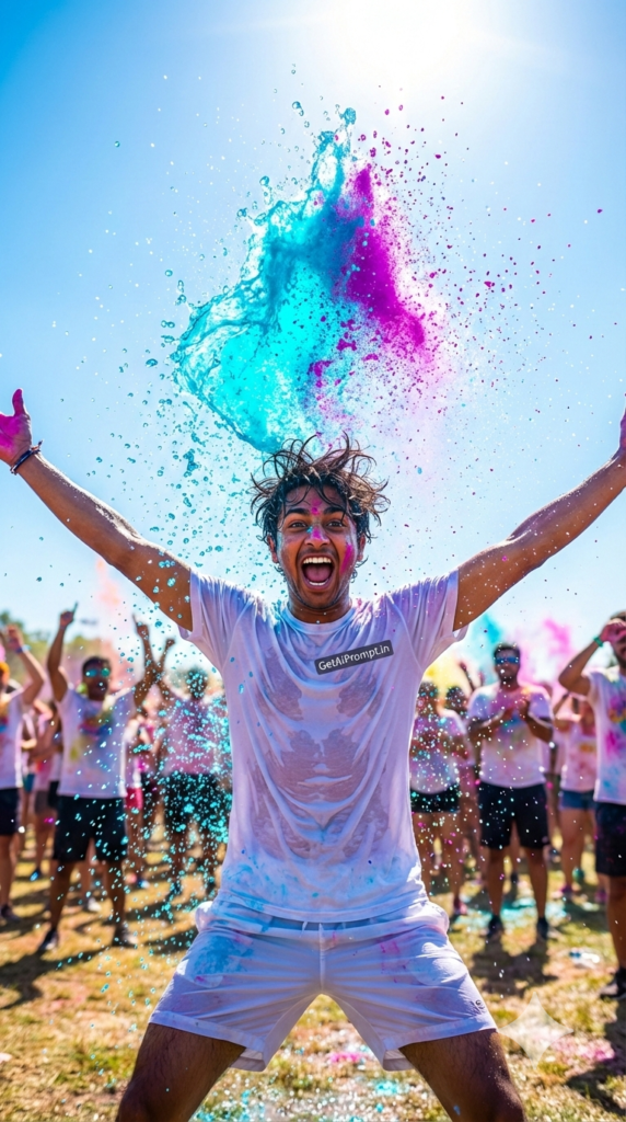 Water and Color Explosion Freeze Frame Action Liquid Physics Holi AI