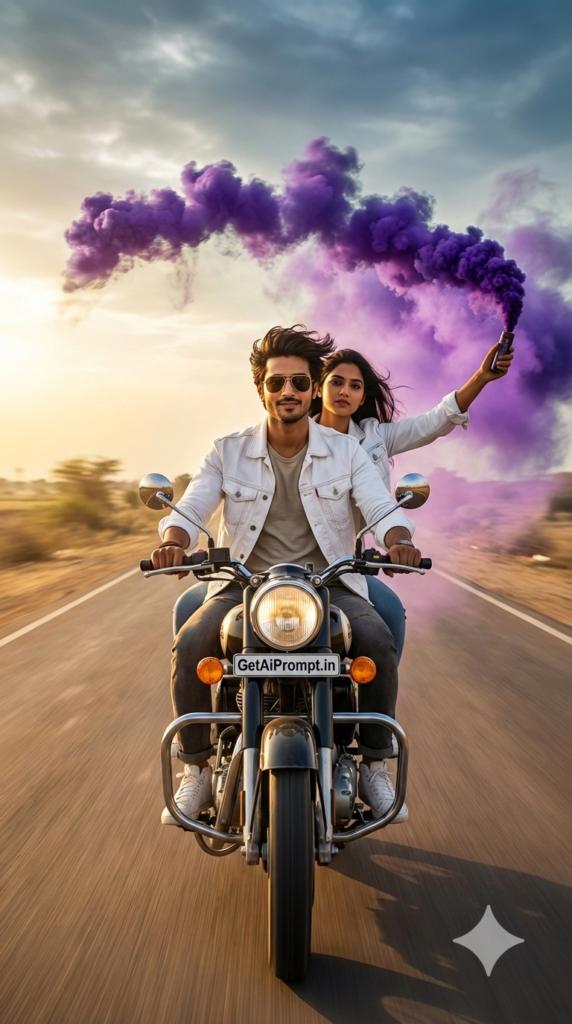 Cinematic Bike Ride with Color Smoke Action Couple Goals Holi AI