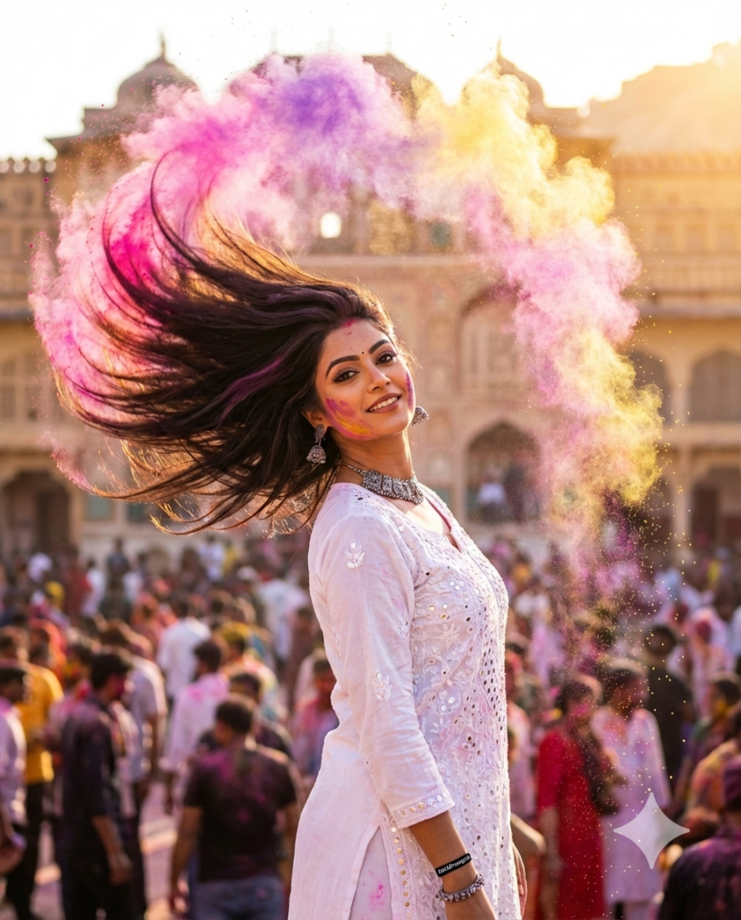 Slow Motion Hair Flip with Color Glamorous Action Hook High Fashion Holi AI Image