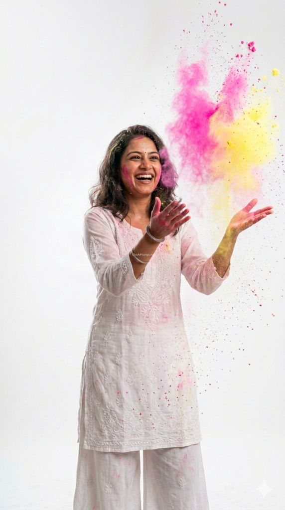 Viral Dopamine Color Burst Holi Portrait AI Prompt and High Energy Girl Gulal Photoshoot