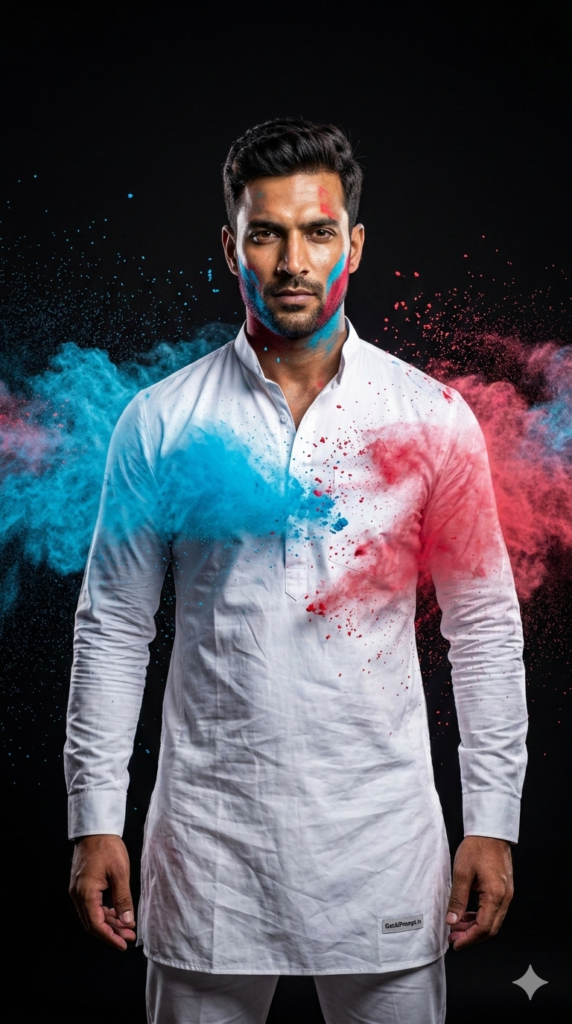 Urban Masculine Splash Holi Photography AI Prompt and Edgy Menswear Festival Color Explosion