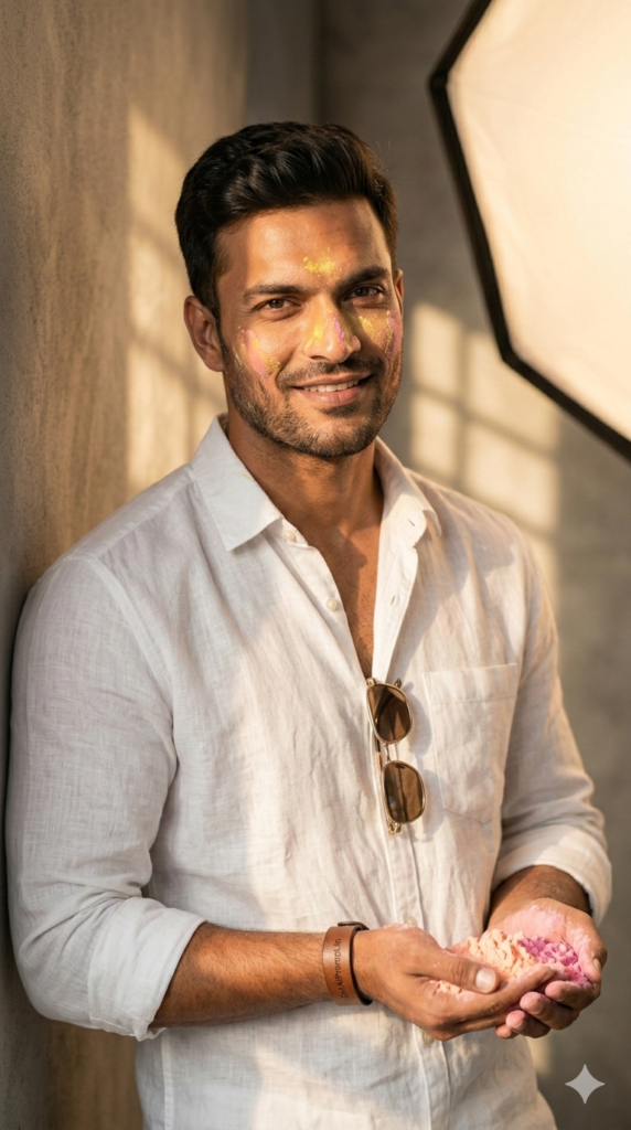 Casual Golden Hour Holi Vibe Lifestyle Prompt and Relaxed Men Streetwear Festival Shoot