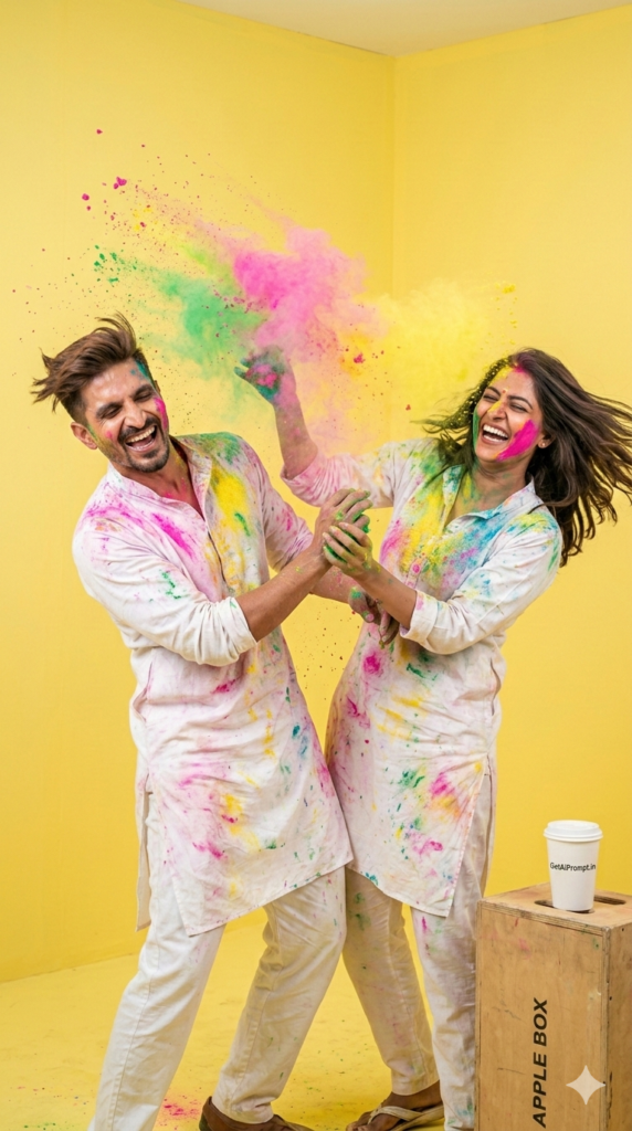 Cinematic Slow Mo Throw Couple Dark Studio Prompt and Dramatic Vibrant Holi Color Explosion