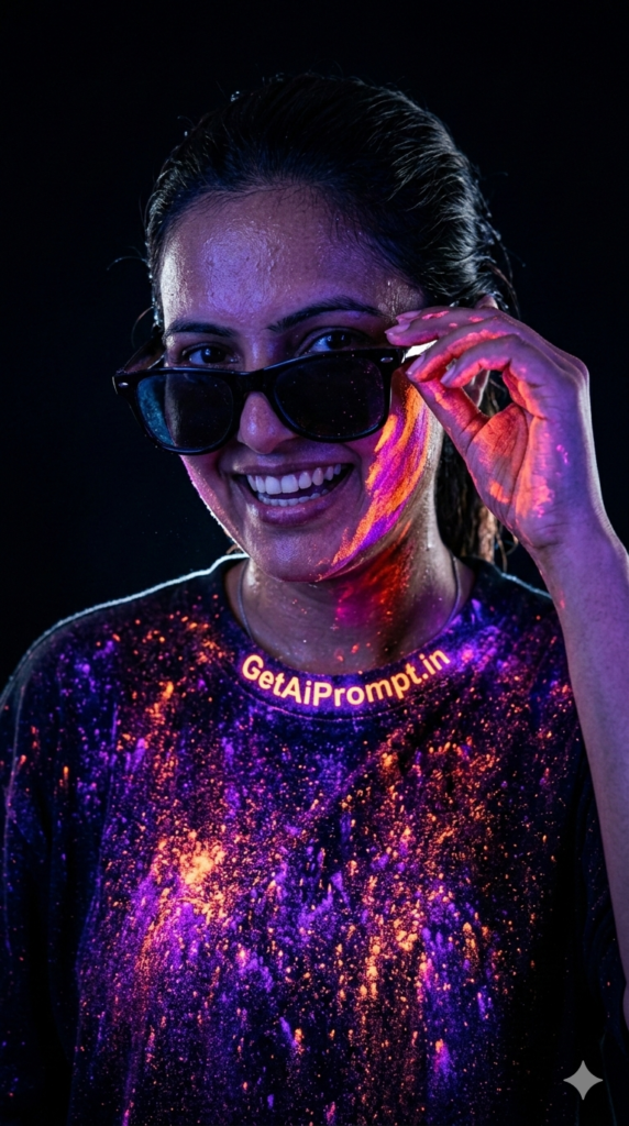 Neon UV Cyber Holi Portrait AI Prompt and Futuristic Glowing Powder Festival Photography