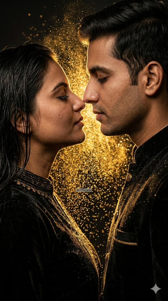Golden Dust Silhouette Couple Holi AI Prompt and Luxury Metallic Powder Romance Photoshoot
