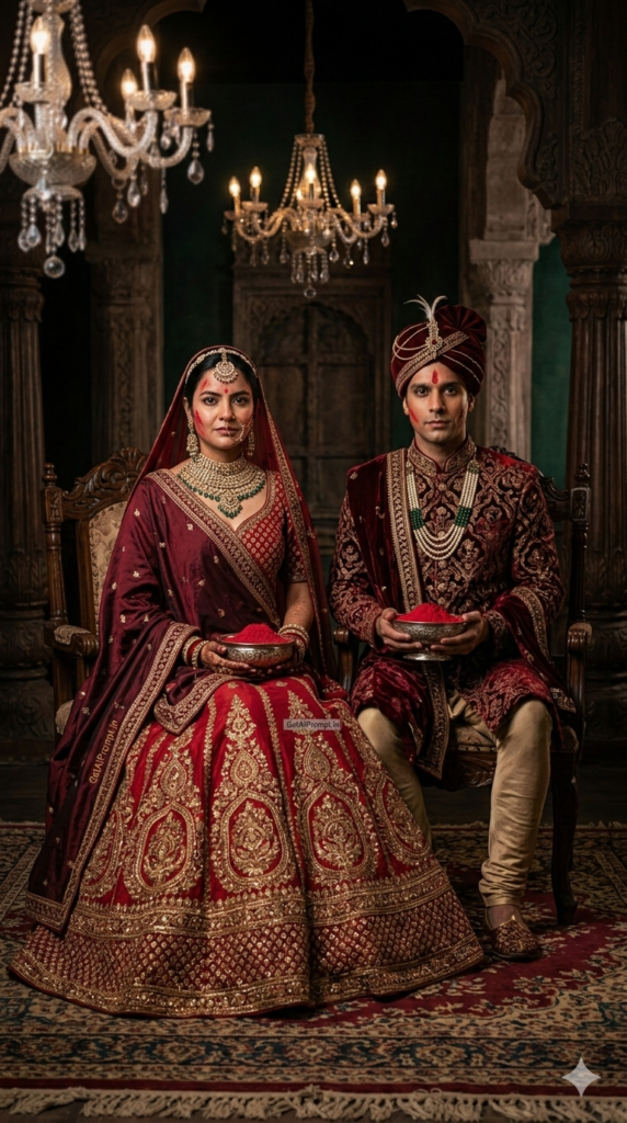 Sabyasachi Royal Couple Holi AI Prompt and Heritage Indian Wedding Festival Aesthetics
