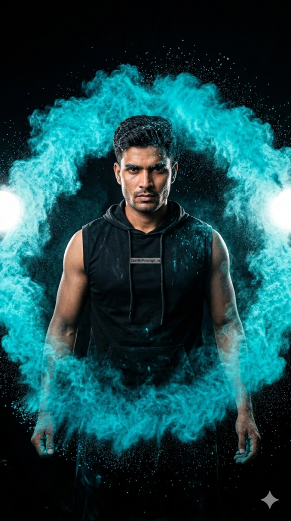 Kinetic Powder Halo High Energy AI Prompt and Dynamic Men Festival Color Spin