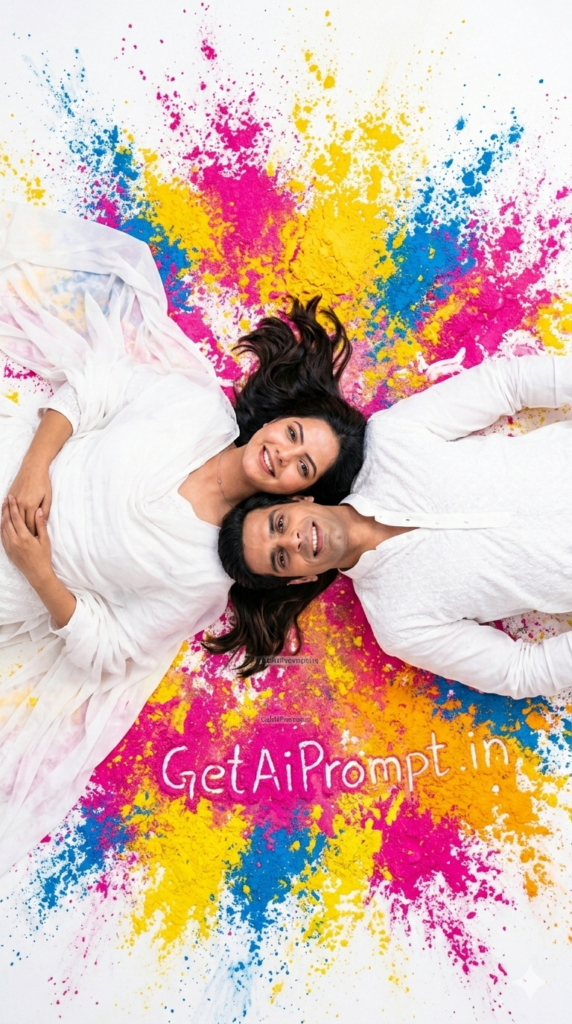Top Down Masterpiece Fine Art Couple Holi AI Prompt and Overhead Abstract Powder Portrait