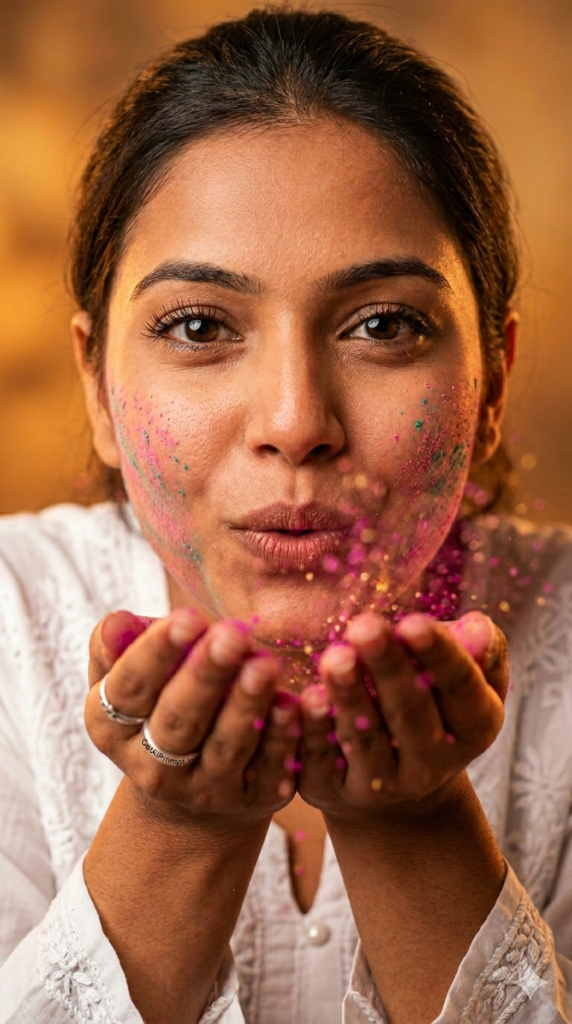 Sunset Powder Blow Portrait AI Prompt and Intimate Golden Hour Holi Powder Photography
