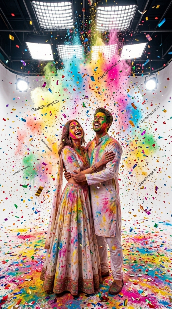Grand Finale Rain Couple Holi AI Prompt and Cinematic Festival Color Splash Shower