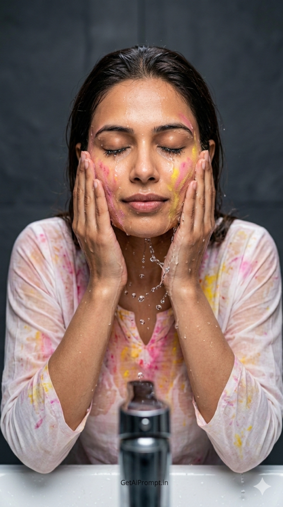 Post-Party Refreshing Wash AI Prompt and Realistic Wet Skin Holi Face Wash Photography