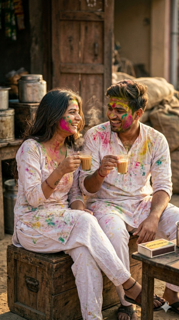 Candid Chai Break Holi Couple AI Prompt and Heartwarming Cultural Festival Aftermath