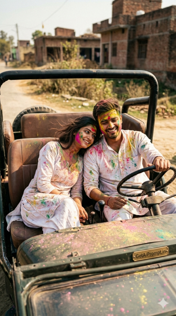 Vintage Drive Home Movie Still AI Prompt and Romantic Cinematic Festival Jeep Ride