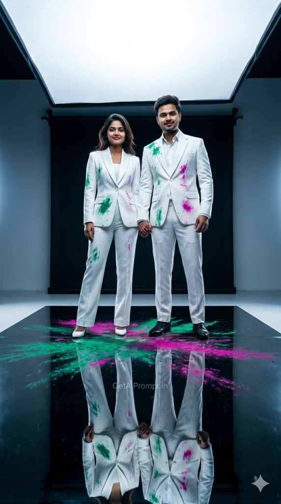 Infinite Mirror Floor Couple Portrait AI Prompt and Vogue Symmetrical Festival Reflection