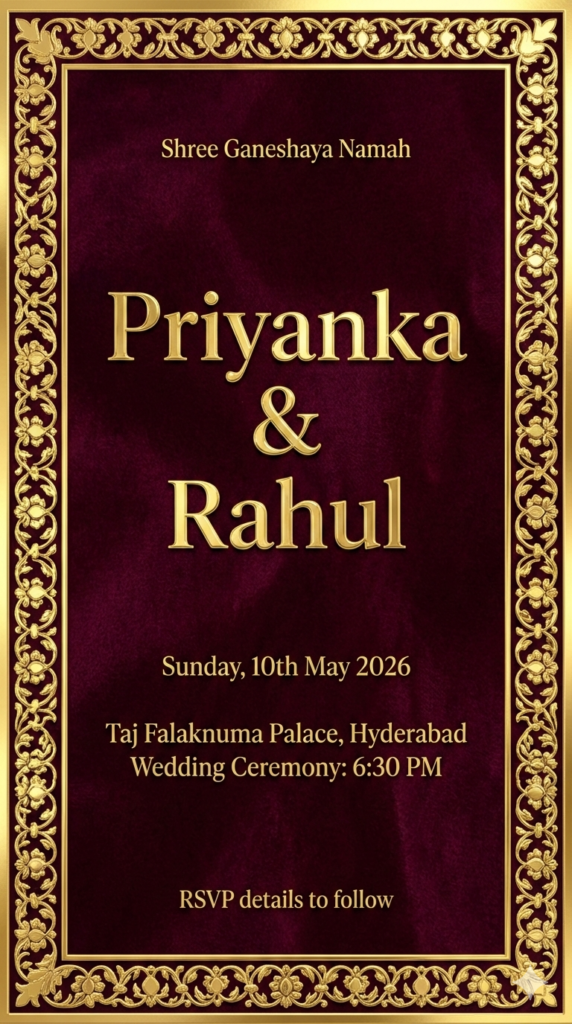 Gold Foil Embossed Maroon Royal Wedding Invitation Text