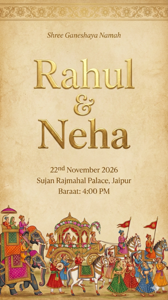 Royal Baraat Procession Illustration Indian Wedding Invitation AI Prompt