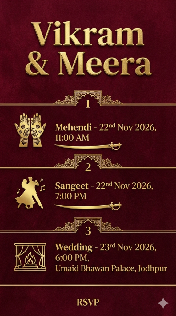 Royal Wedding Timeline Layout Invite Design AI Prompt