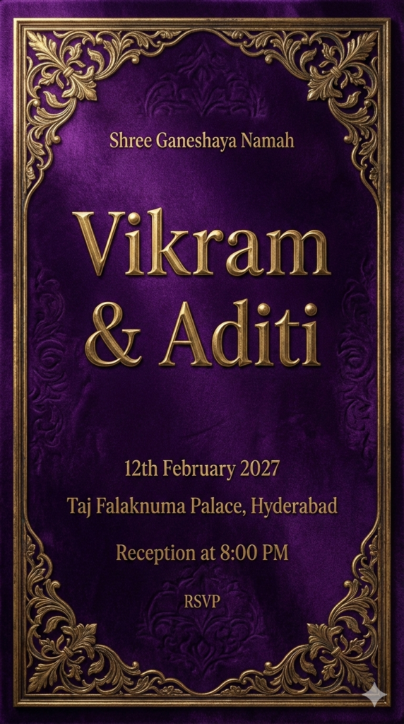 Royal Purple & Antique Gold Theme Indian Wedding Invitation Prompt