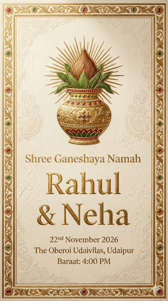 Traditional Om & Kalash Grand Design Royal Invite AI Prompt