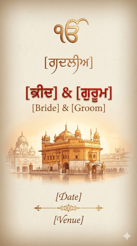 Golden Temple Inspired Heritage Sikh Wedding Invite Digital WhatsApp Prompt