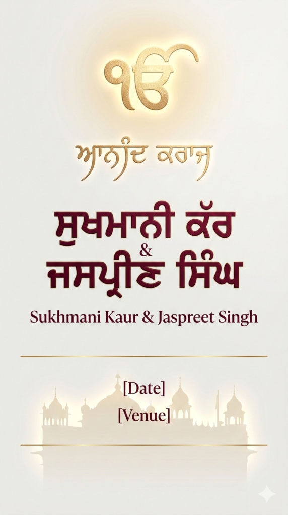 White Gold Divine Light Sikh Wedding Invitation AI WhatsApp Card Template