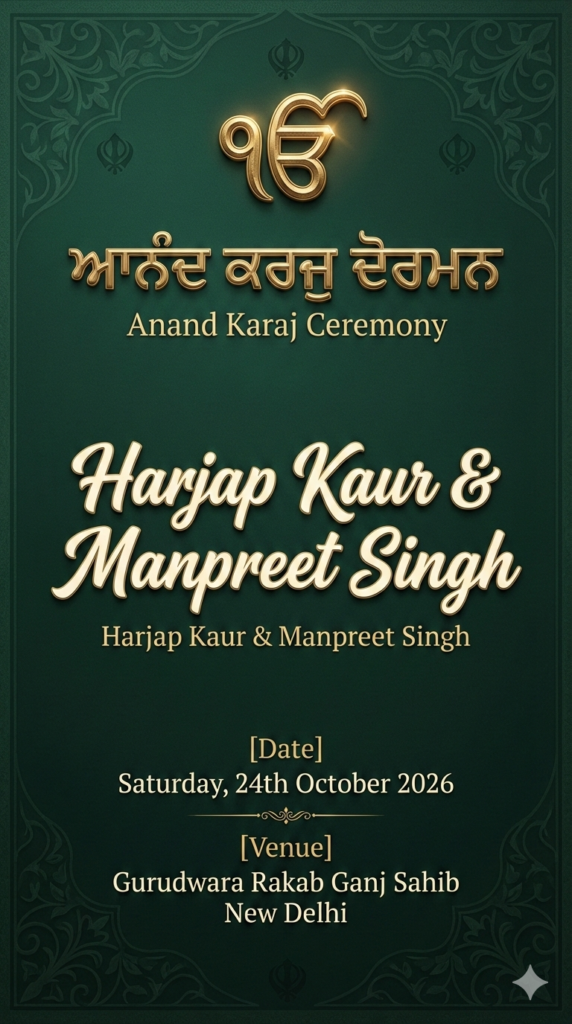 Emerald Green Heritage Sikh Wedding Invite Digital AI Prompt Generator